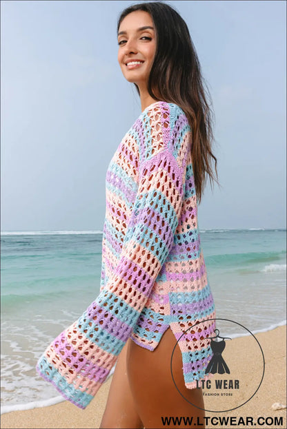 Carrot Striped Hollow Knit Summer Beach Cover Up - L.T.C Wear Online Fashion Store