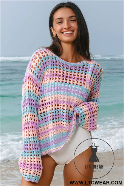 Carrot Striped Hollow Knit Summer Beach Cover Up - L.T.C Wear Online Fashion Store