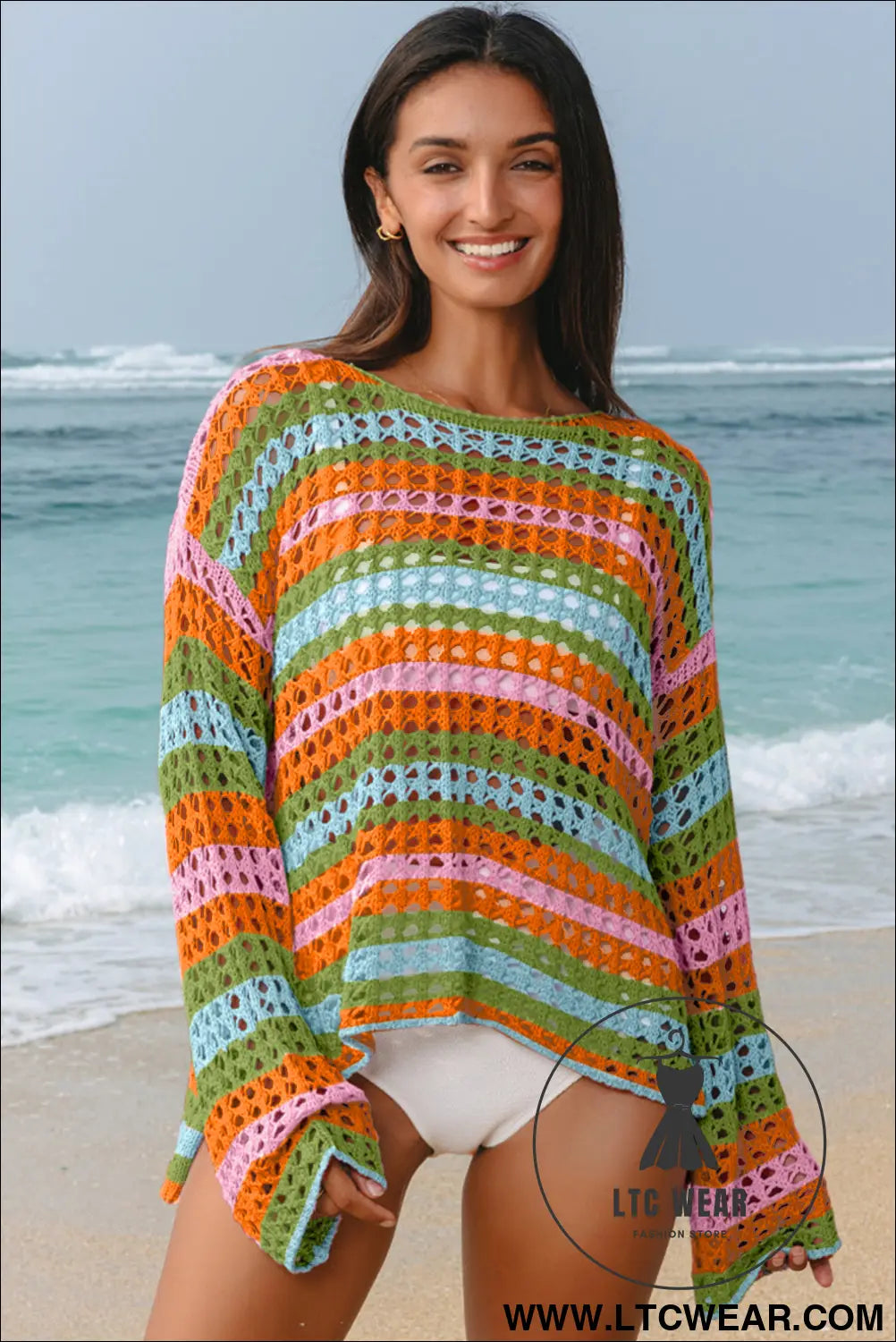 Carrot Striped Hollow Knit Summer Beach Cover Up - L.T.C Wear Online Fashion Store