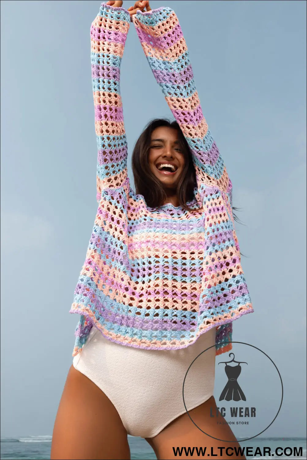 Carrot Striped Hollow Knit Summer Beach Cover Up - L.T.C Wear Online Fashion Store