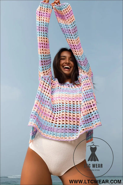 Carrot Striped Hollow Knit Summer Beach Cover Up - L.T.C Wear Online Fashion Store