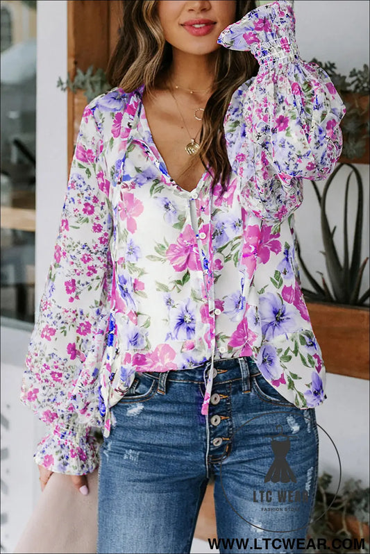 Casual cakewalk floral smocked blouse - rose / 2xl / 95% polyester + 5% spandex - blouses & shirts