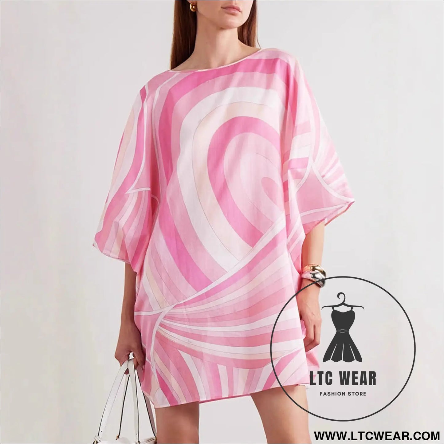 Casual geometric print loose dress with round neck and all-match design