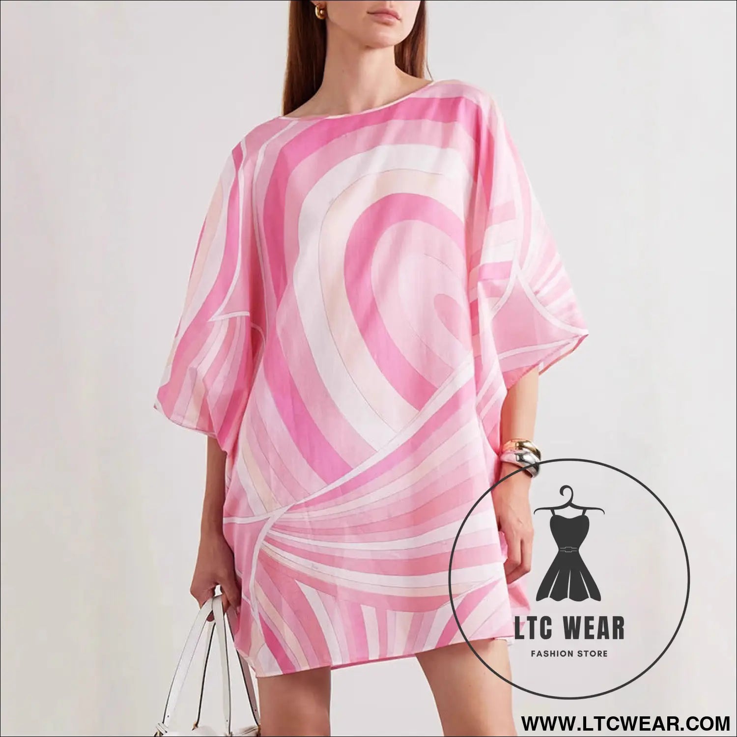 Casual geometric print loose dress with round neck and all-match design