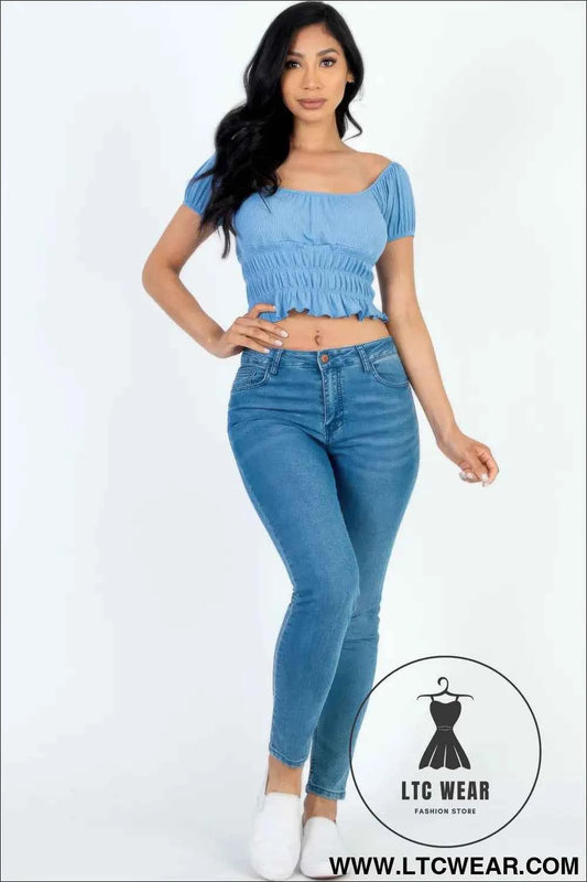Casual Ruched Puff Sleeve Ribbed Knit Solid Top