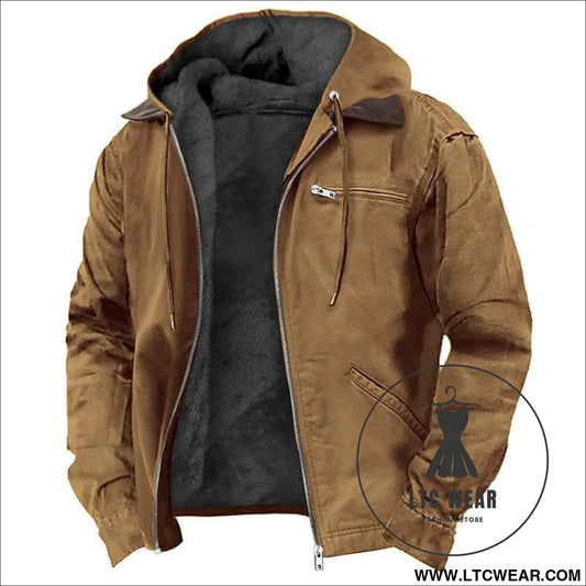 Casual Solid Color Hooded Cotton Jacket with Fleece Lining and Zipper Pockets for Men