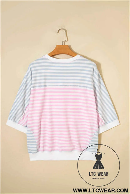 Casual Stripe Oversize Dolman Sleeve Patchwork T Shirt