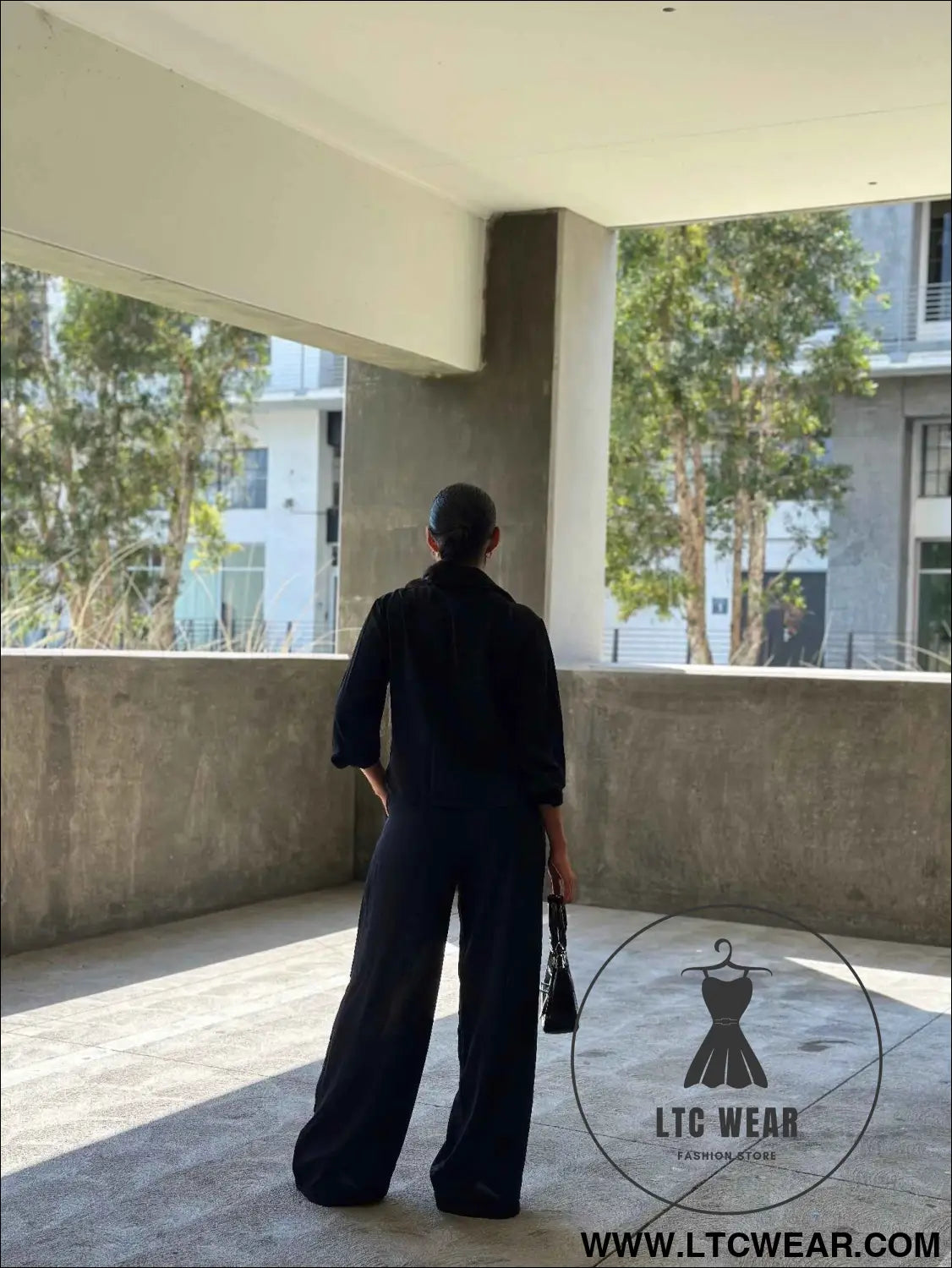 Casual Wide Leg Pants & Long Sleeve Front Tie Set