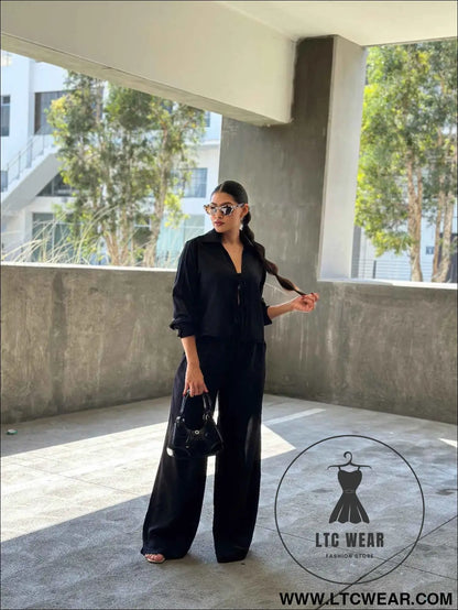 Casual Wide Leg Pants & Long Sleeve Front Tie Set