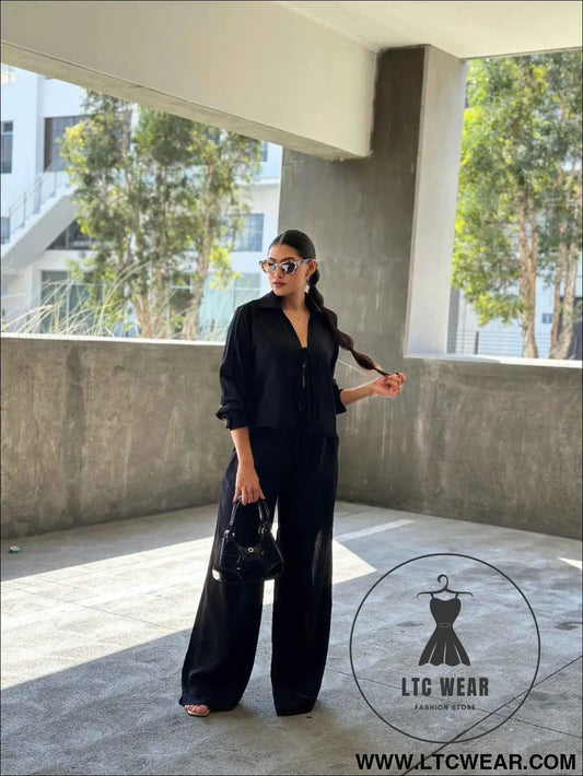 Casual Wide Leg Pants & Long Sleeve Front Tie Set