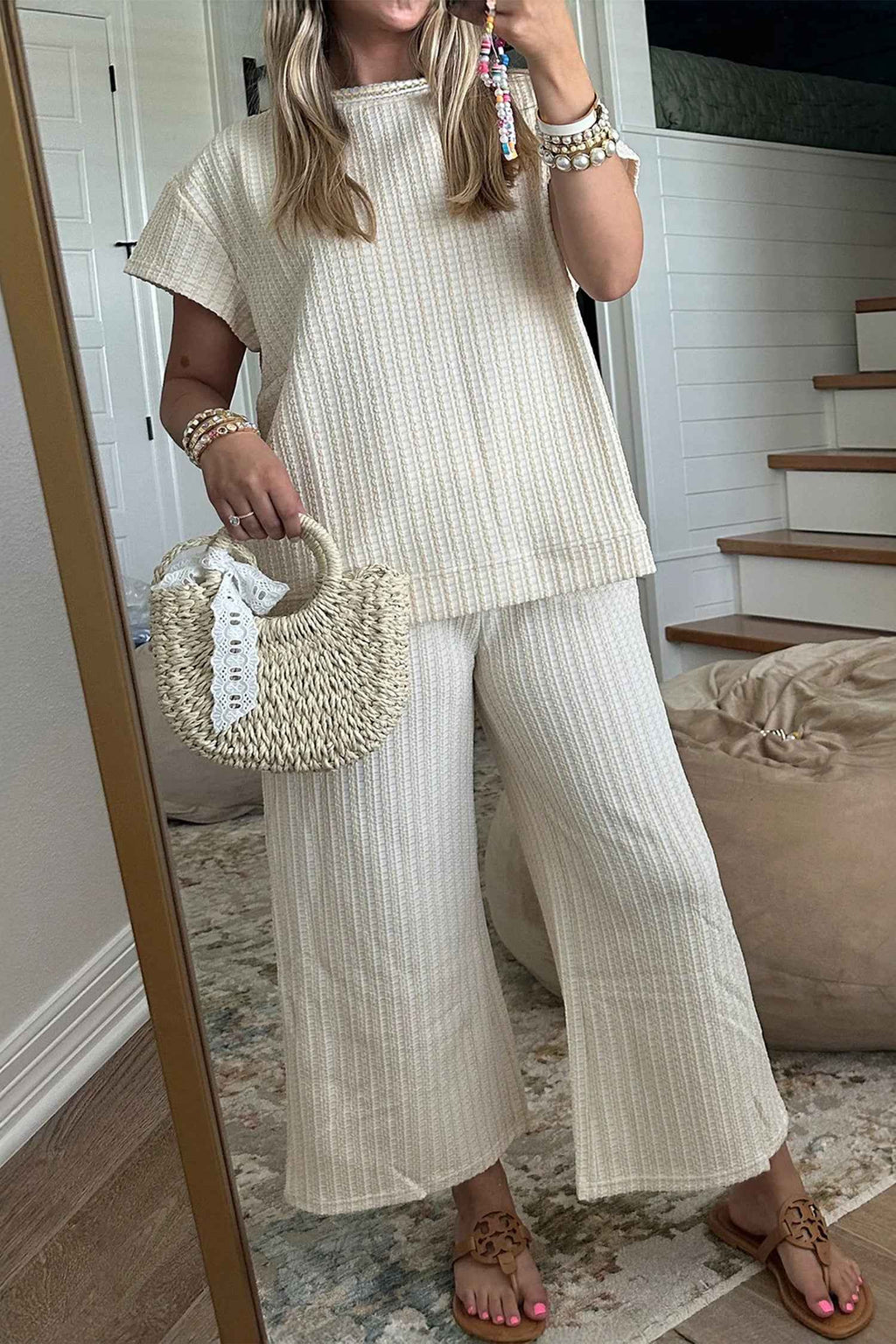 Beige Texture Loose Short Sleeve Top and Cropped Pant Set