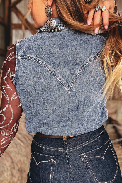 Ashleigh Blue Solid Denim Button Front Pocket Sleeveless Cowboy Vest