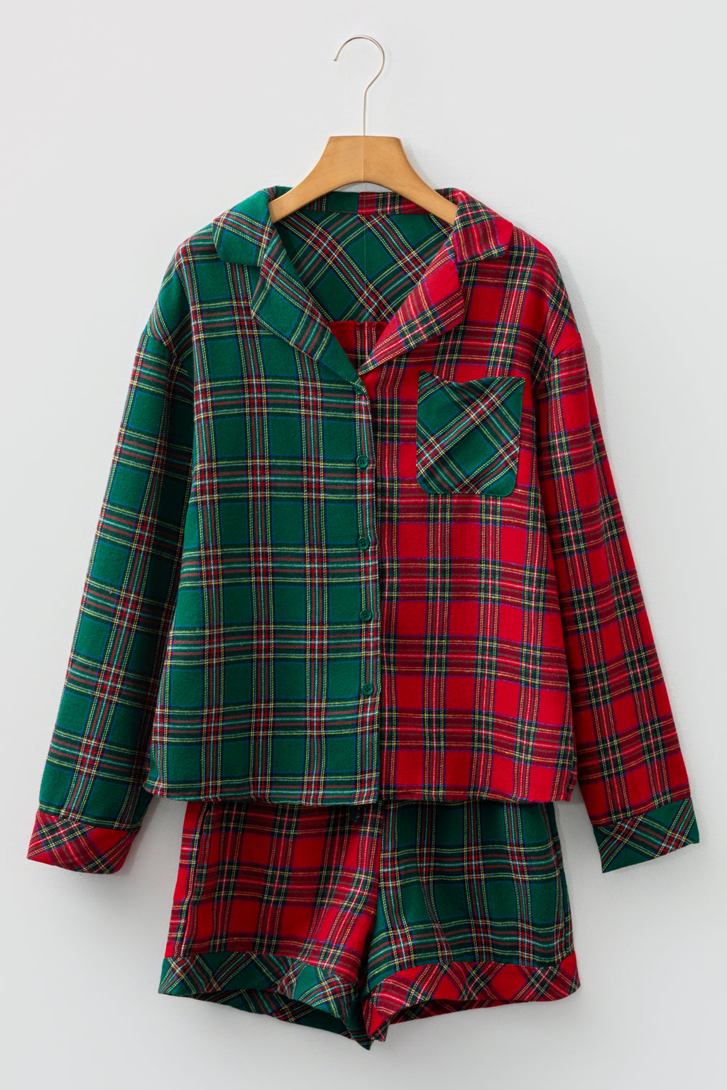 Green Plaid Christmas Holiday Patchwork Long Sleeve Shirt and Shorts Pajama Set