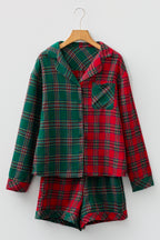 Green Plaid Christmas Holiday Patchwork Long Sleeve Shirt and Shorts Pajama Set