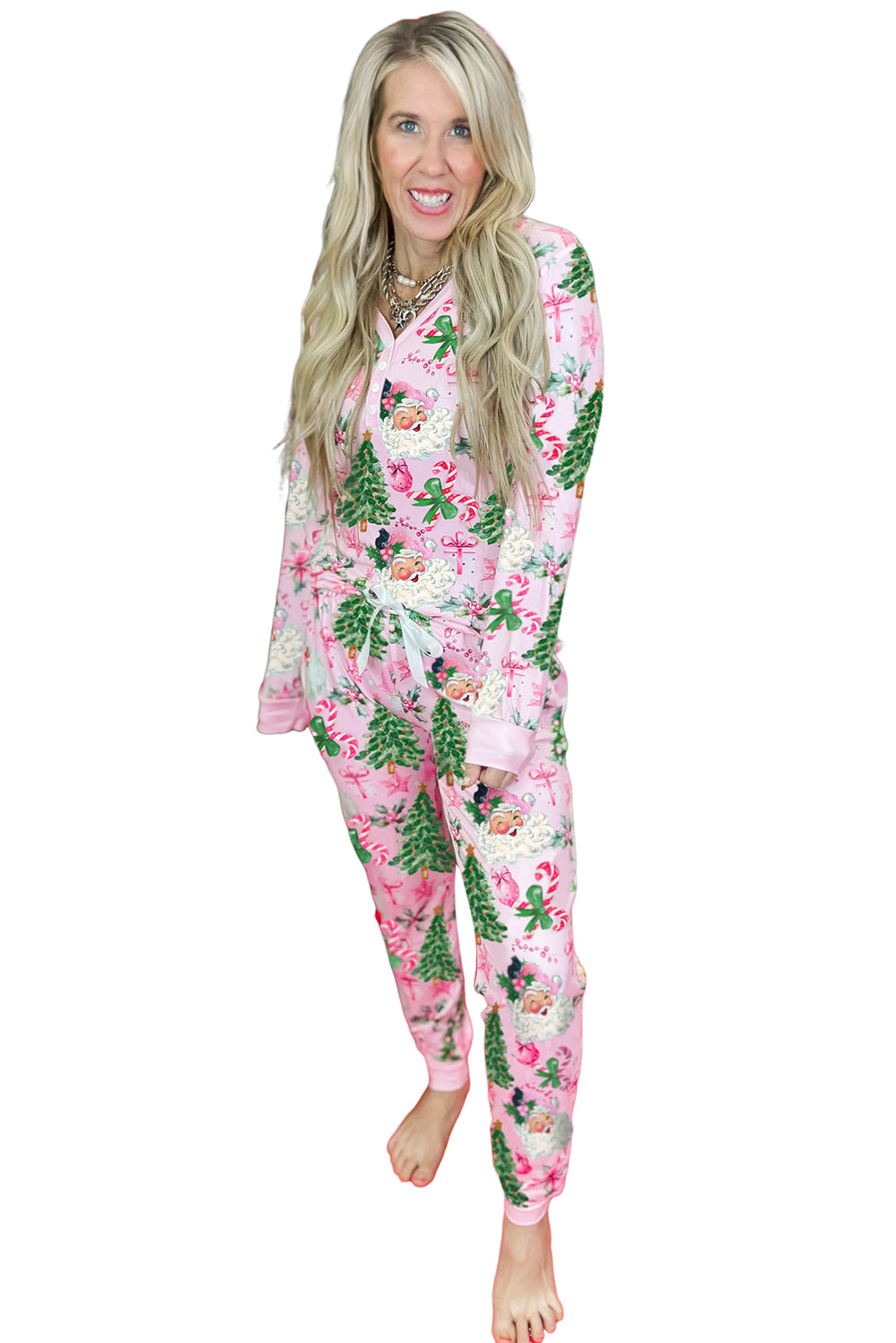 White Christmas Pattern Button V Neck Pullover Drawstring Pants 2pcs Lounge Set