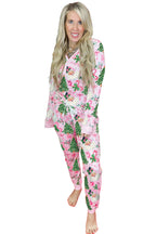 White Christmas Pattern Button V Neck Pullover Drawstring Pants 2pcs Lounge Set