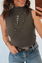 Chicory Coffee Western High Neck Sleeveless Ribbed Knit Vest Regular Fit Waist Slim Sheath One Piece Daily Wear