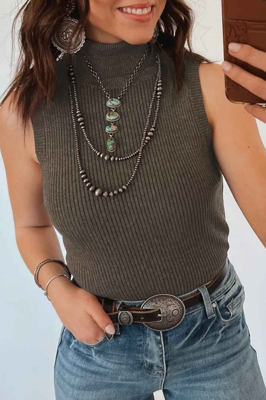 Chicory Coffee Western High Neck Sleeveless Ribbed Knit Vest Regular Fit Waist Slim Sheath One Piece Daily Wear