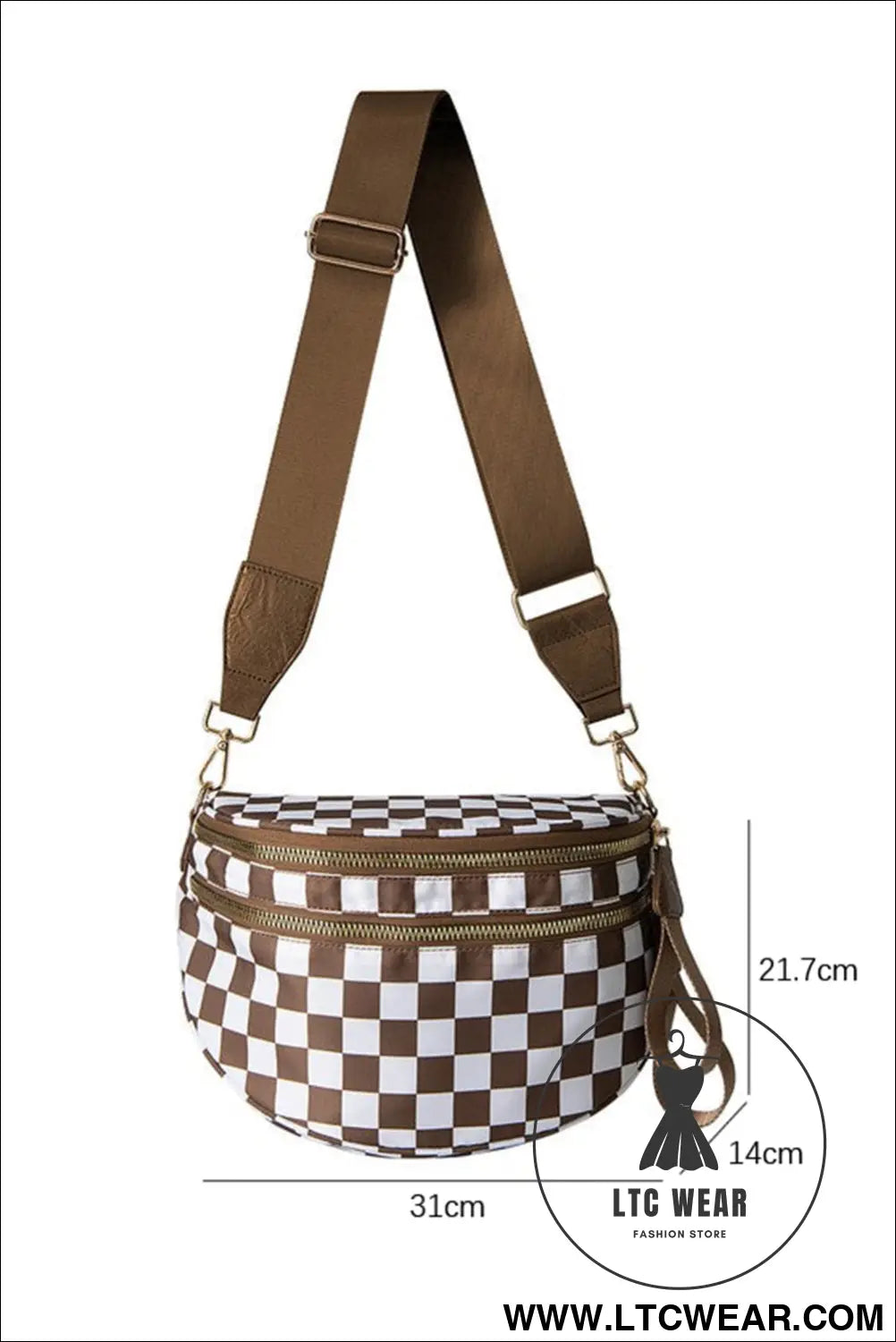 Chestnut checkered print wide strap large crossbody bag - chestnut / one size / shell:100% polyester + lining:100%