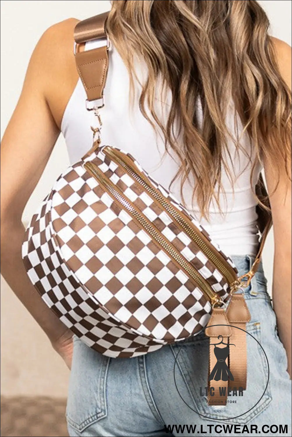 Chestnut checkered print wide strap large crossbody bag - chestnut / one size / shell:100% polyester + lining:100%