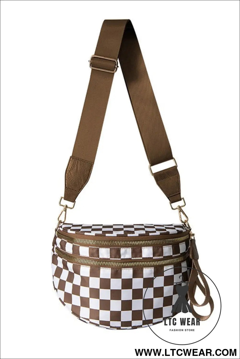 Chestnut checkered print wide strap large crossbody bag - chestnut / one size / shell:100% polyester + lining:100%