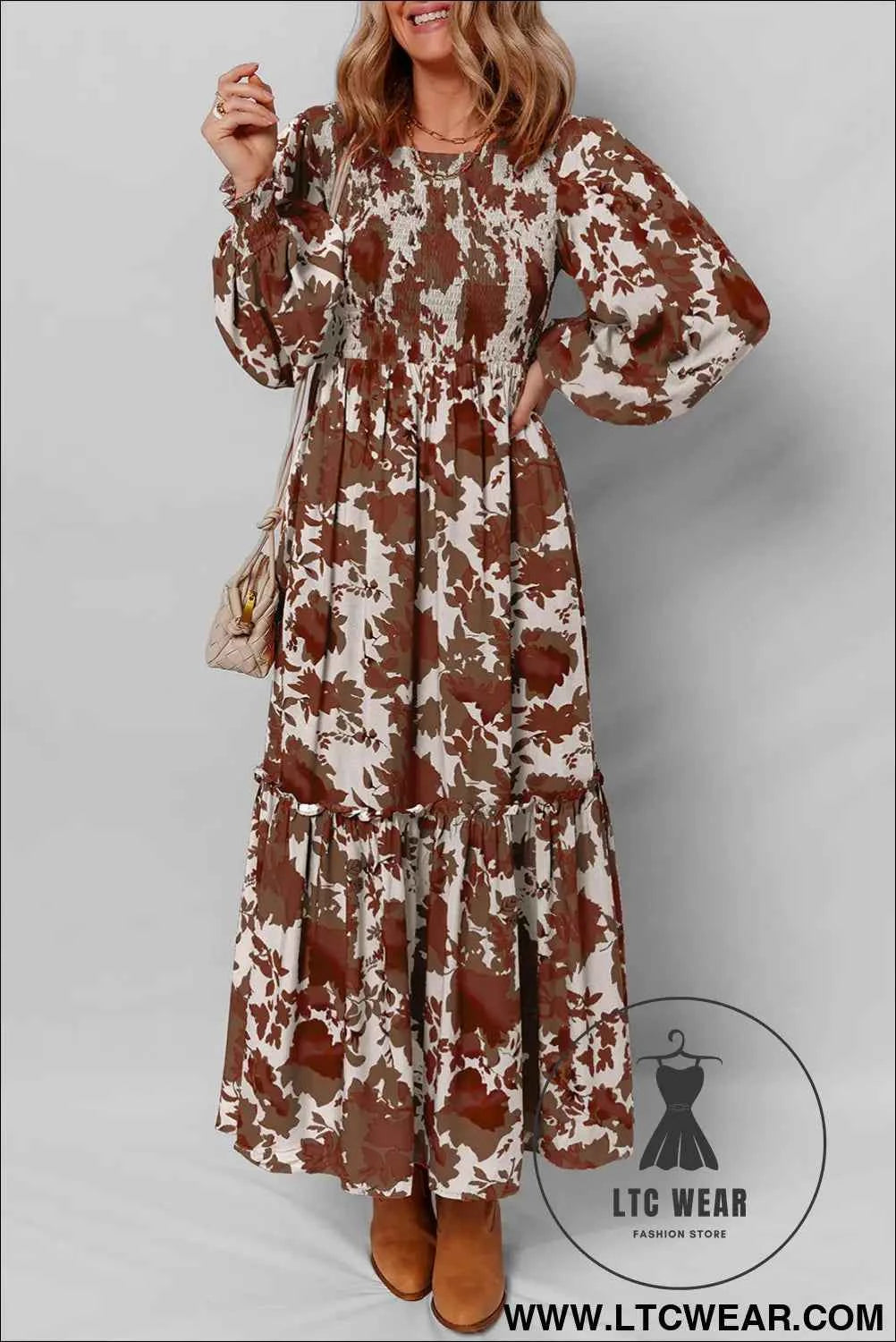 Chestnut Floral Puff Sleeve Smocked Bodice Ruffled Long Dress