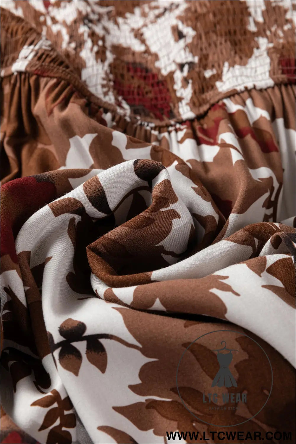Chestnut floral puff sleeve smocked bodice ruffled long dress - maxi dresses