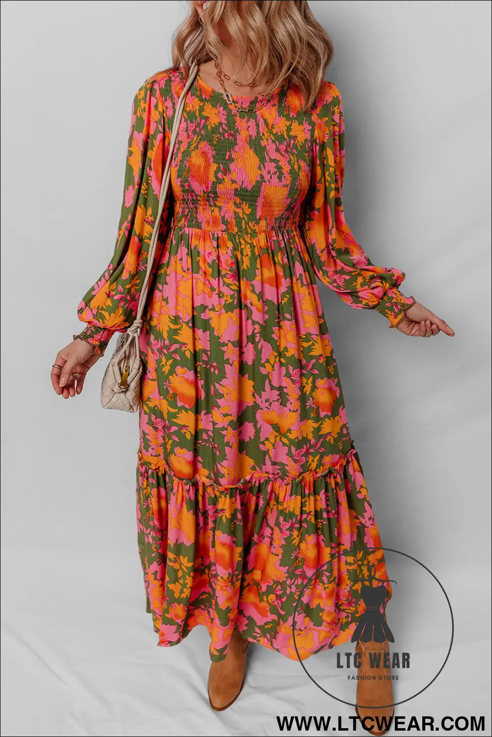 Chestnut floral puff sleeve smocked bodice ruffled long dress - maxi dresses