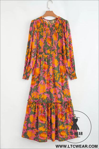 Chestnut floral puff sleeve smocked bodice ruffled long dress - maxi dresses