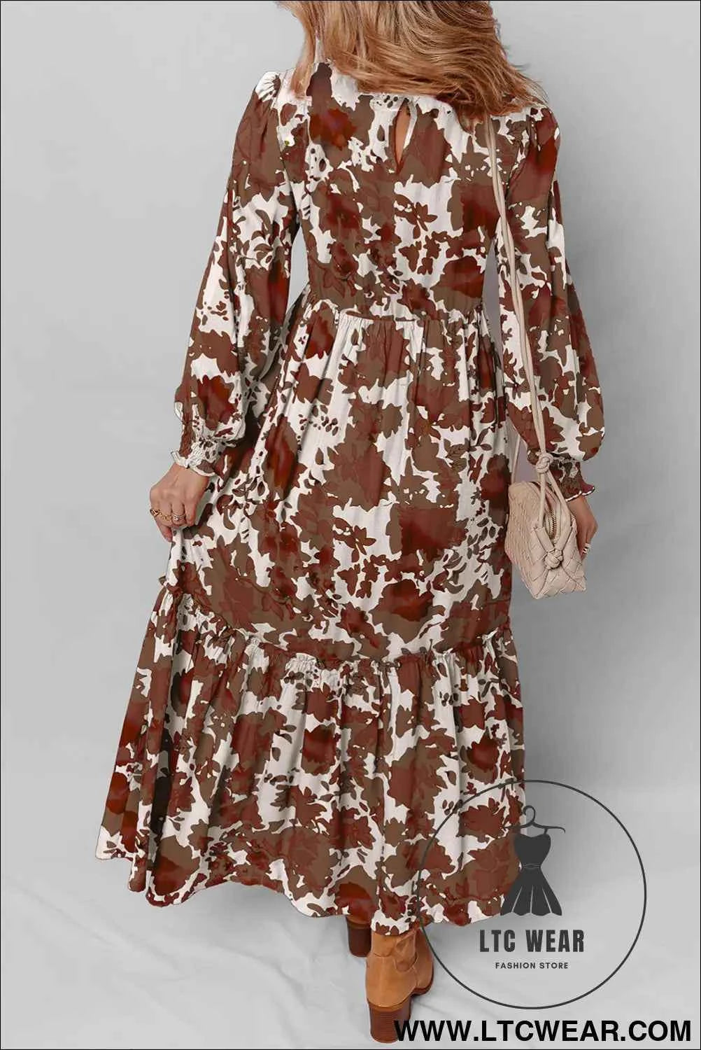 Chestnut Floral Puff Sleeve Smocked Bodice Ruffled Long Dress