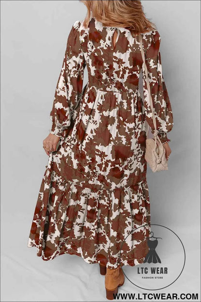 Chestnut Floral Puff Sleeve Smocked Bodice Ruffled Long Dress