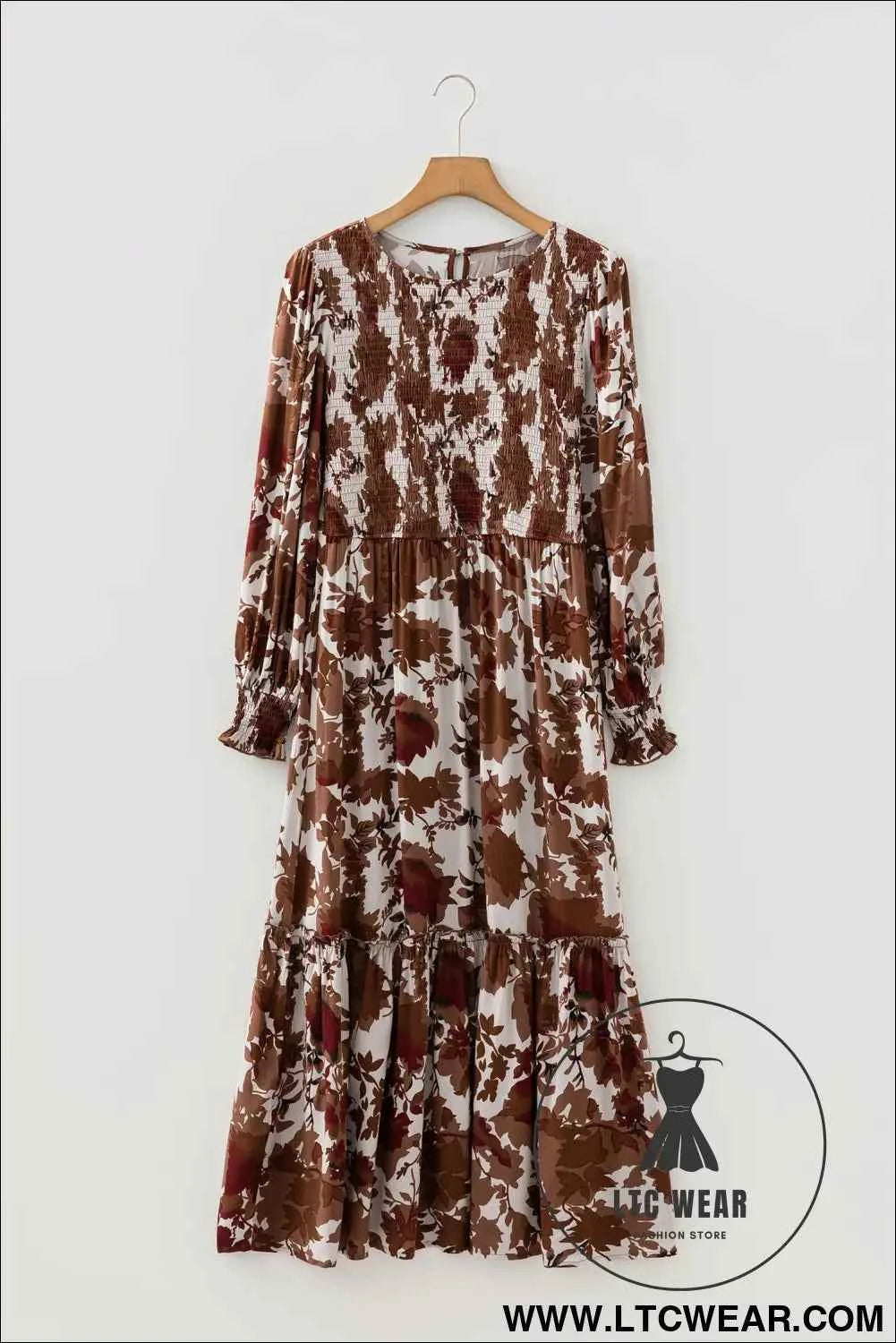 Chestnut Floral Puff Sleeve Smocked Bodice Ruffled Long Dress