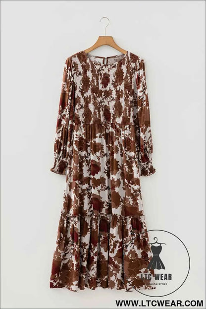 Chestnut Floral Puff Sleeve Smocked Bodice Ruffled Long Dress