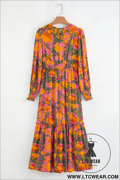 Chestnut floral puff sleeve smocked bodice ruffled long dress - maxi dresses