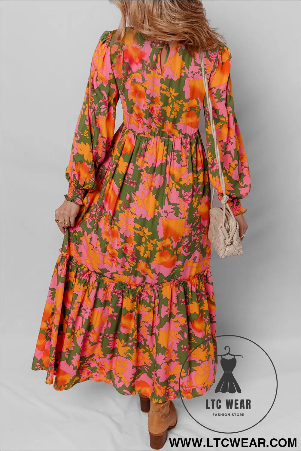 Chestnut floral puff sleeve smocked bodice ruffled long dress - maxi dresses
