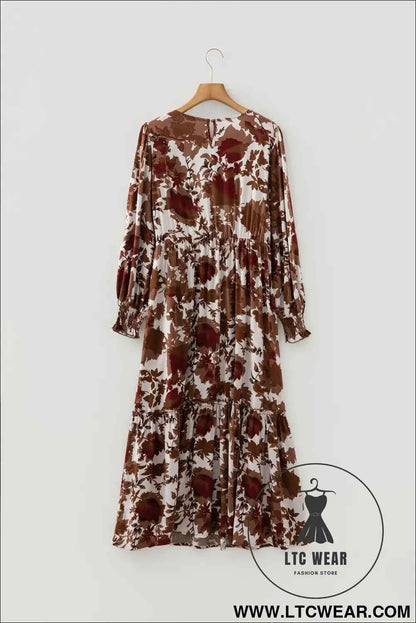 Chestnut Floral Puff Sleeve Smocked Bodice Ruffled Long Dress