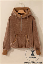 Chestnut half zipper kangaroo pocket drawstring corduroy hoodie - sweatshirts & hoodies