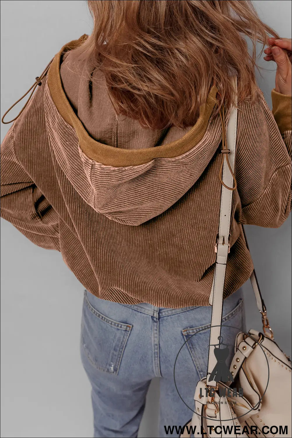 Chestnut half zipper kangaroo pocket drawstring corduroy hoodie - sweatshirts & hoodies