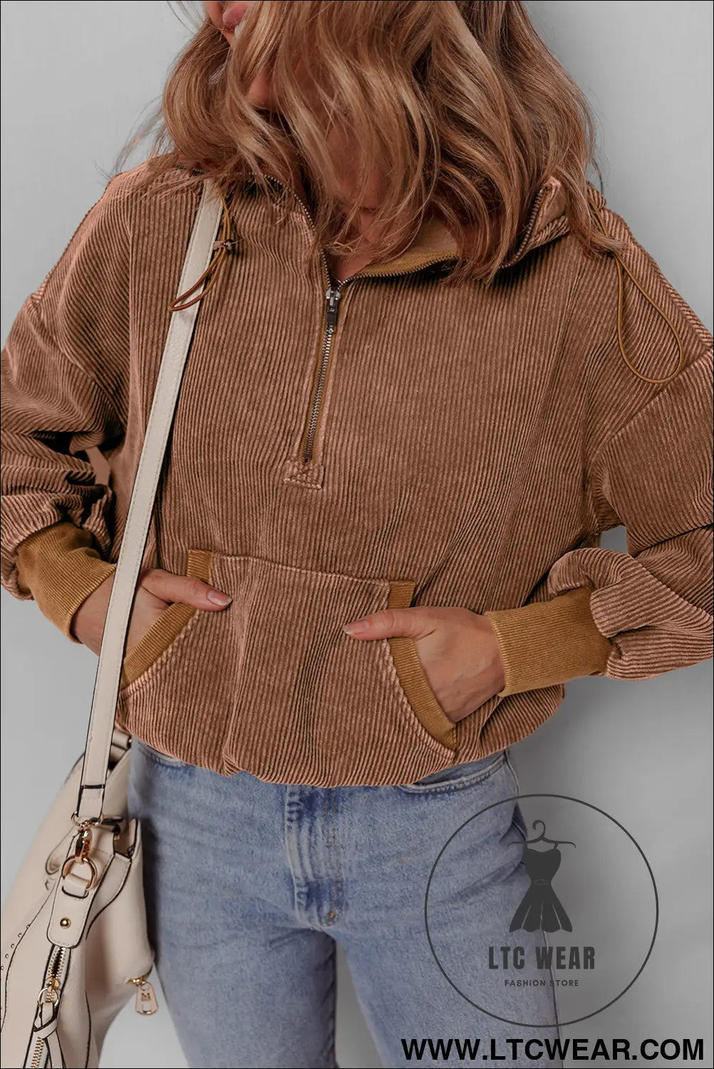 Chestnut half zipper kangaroo pocket drawstring corduroy hoodie - sweatshirts & hoodies