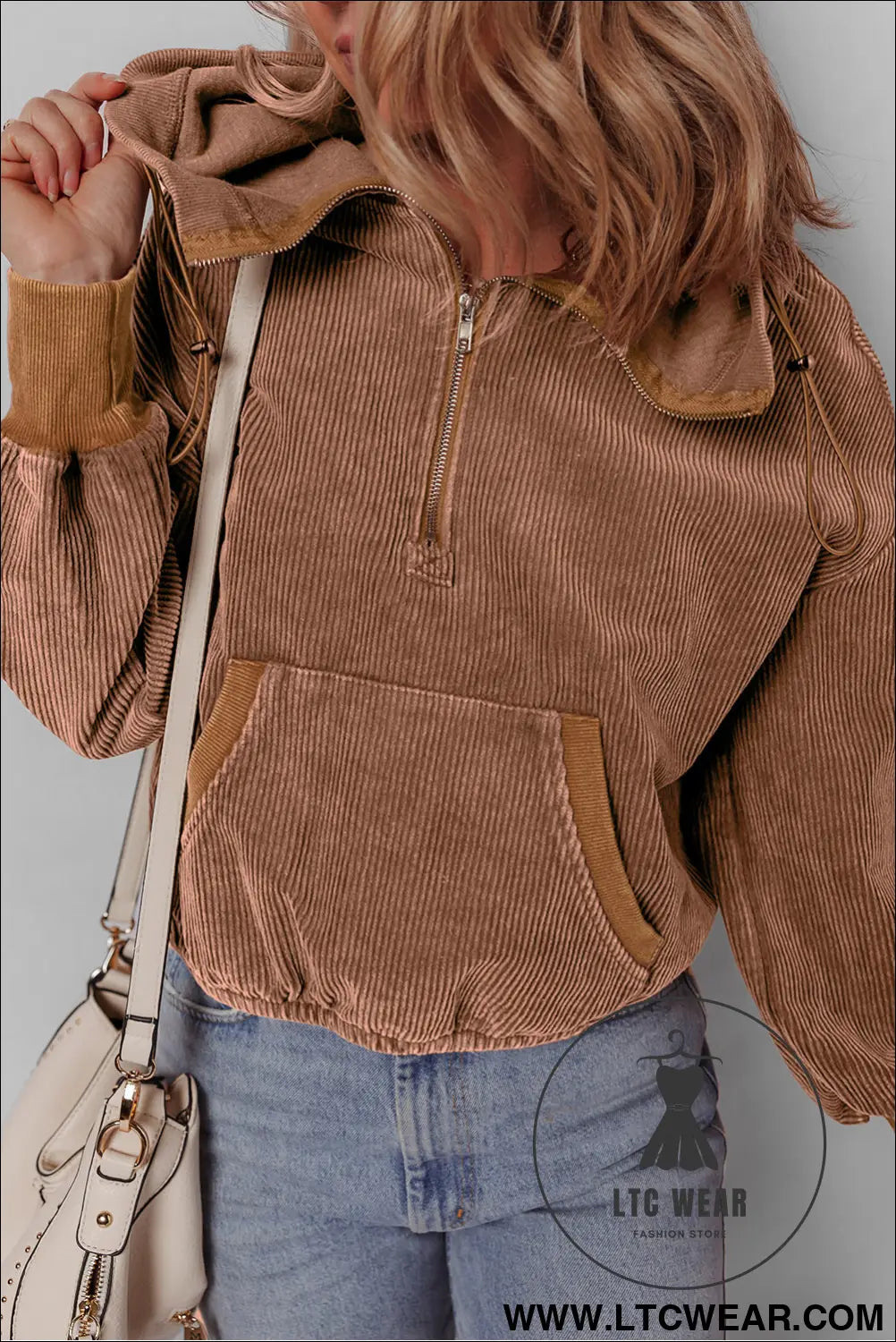 Chestnut half zipper kangaroo pocket drawstring corduroy hoodie - sweatshirts & hoodies
