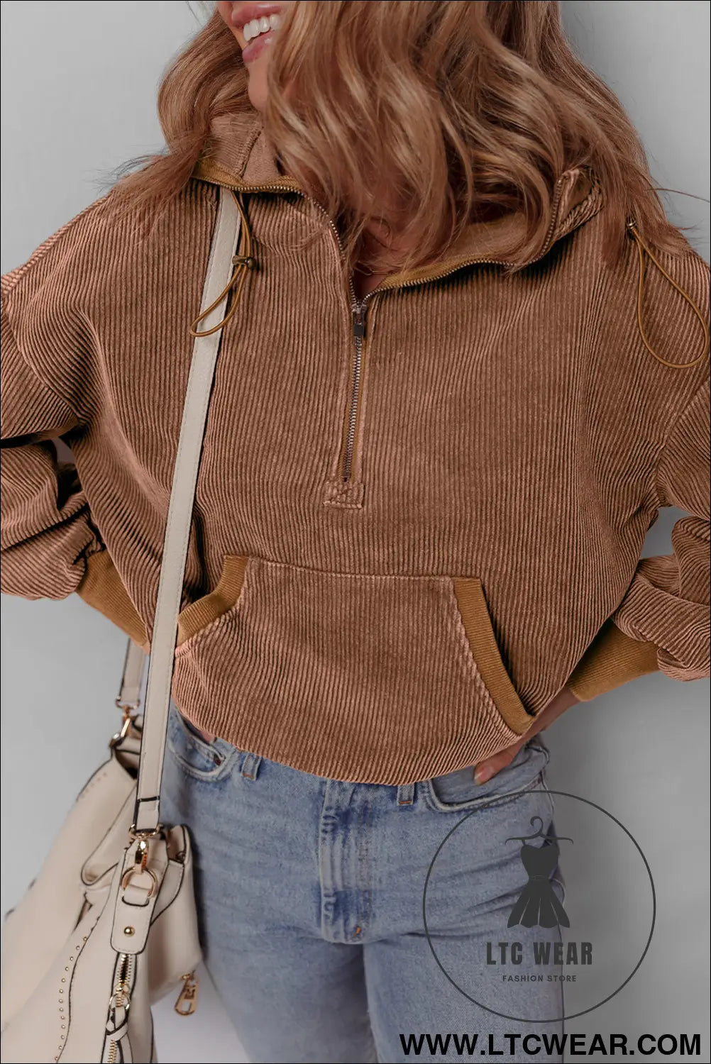 Chestnut half zipper kangaroo pocket drawstring corduroy hoodie - sweatshirts & hoodies
