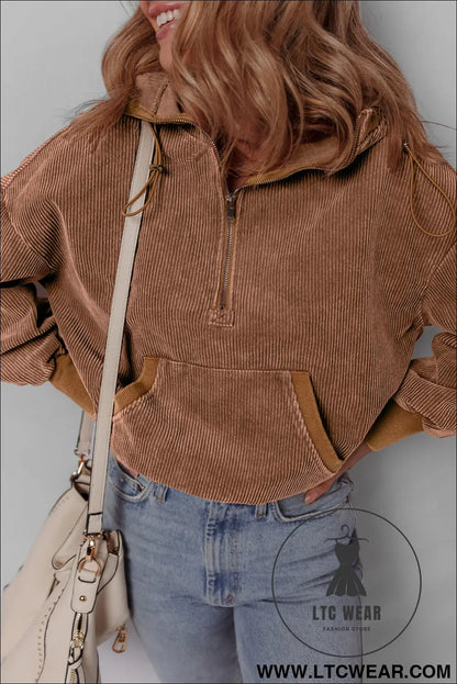 Chestnut half zipper kangaroo pocket drawstring corduroy hoodie - sweatshirts & hoodies