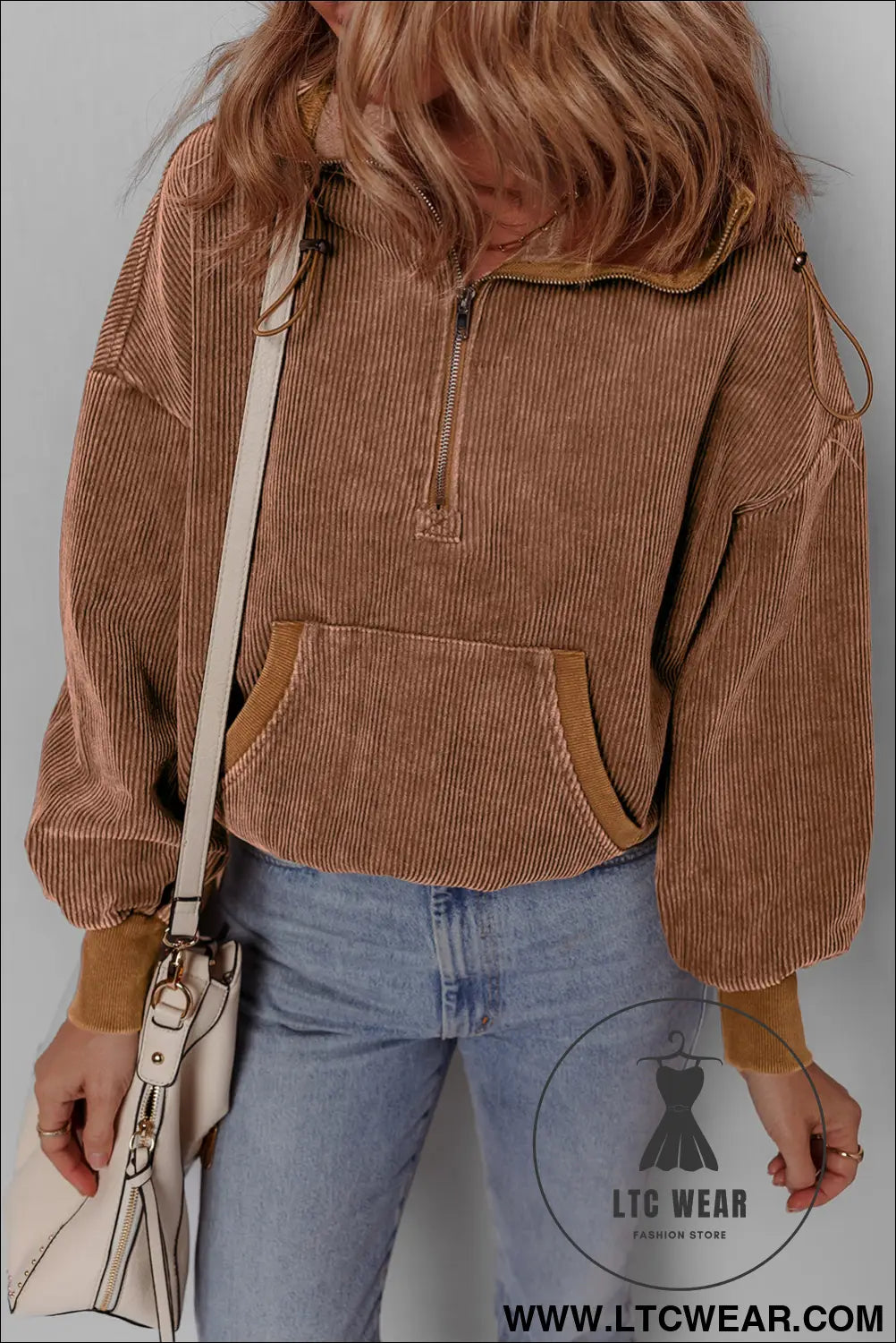 Chestnut half zipper kangaroo pocket drawstring corduroy hoodie - sweatshirts & hoodies