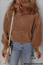 Chestnut half zipper kangaroo pocket drawstring corduroy hoodie - sweatshirts & hoodies