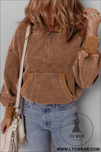 Chestnut half zipper kangaroo pocket drawstring corduroy hoodie - sweatshirts & hoodies