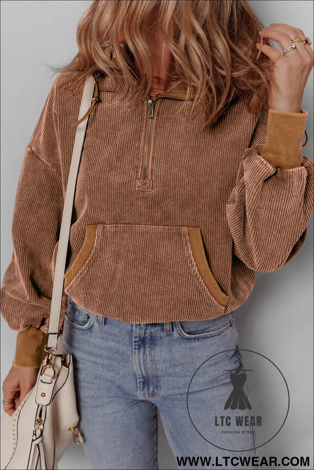 Chestnut half zipper kangaroo pocket drawstring corduroy hoodie - sweatshirts & hoodies