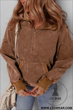 Chestnut half zipper kangaroo pocket drawstring corduroy hoodie - chestnut / l / 100% cotton - sweatshirts & hoodies