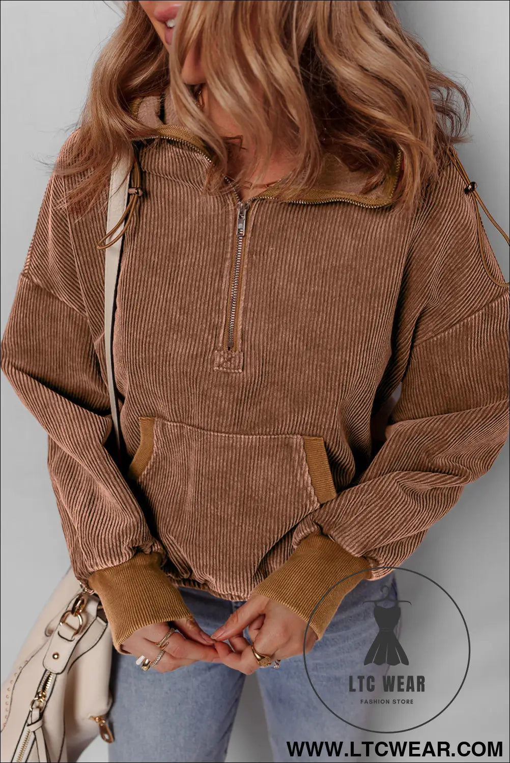 Chestnut half zipper kangaroo pocket drawstring corduroy hoodie - chestnut / l / 100% cotton - sweatshirts & hoodies
