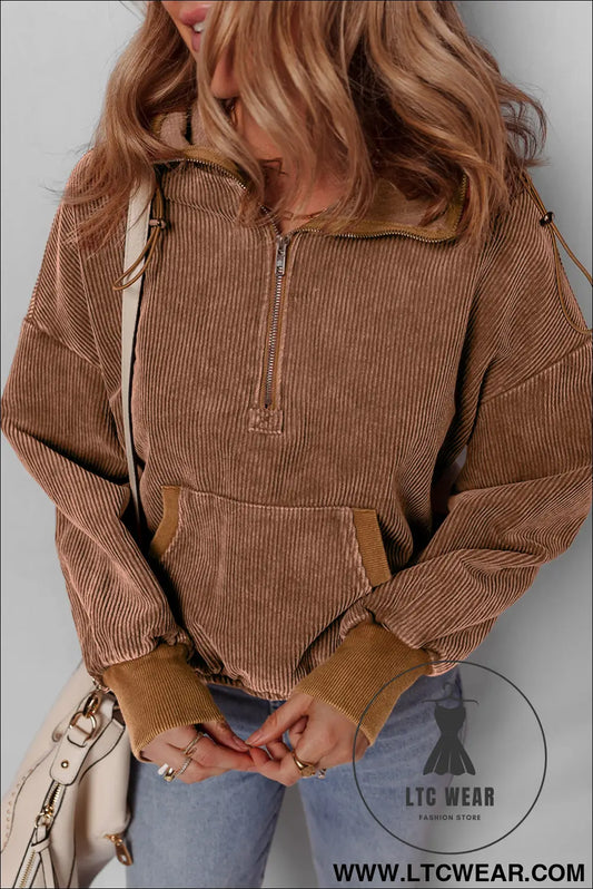 Chestnut half zipper kangaroo pocket drawstring corduroy hoodie - chestnut / l / 100% cotton - sweatshirts & hoodies