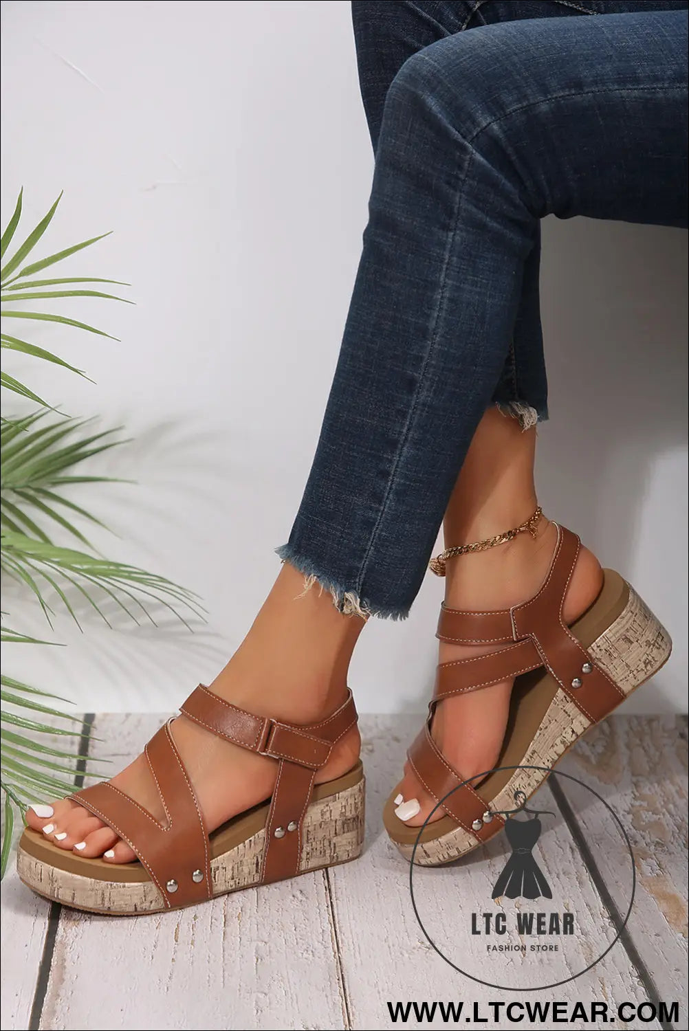Chestnut Hollow Out Velcro Leather Wedge Sandals - L.T.C Wear Online Fashion Store